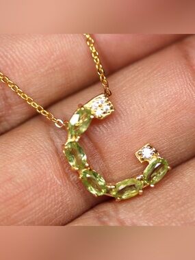 18K Gold initial “C” Pendant Necklace Natural Green Peridot with Zircon Accent